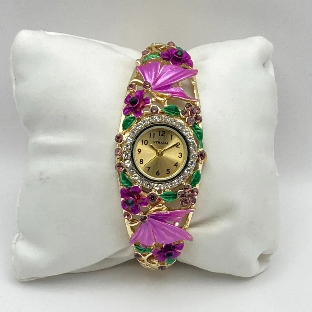 Strada Womens Watch Gold Tone Purple Floral Crystals Cuff 26mm New Battery 6.75